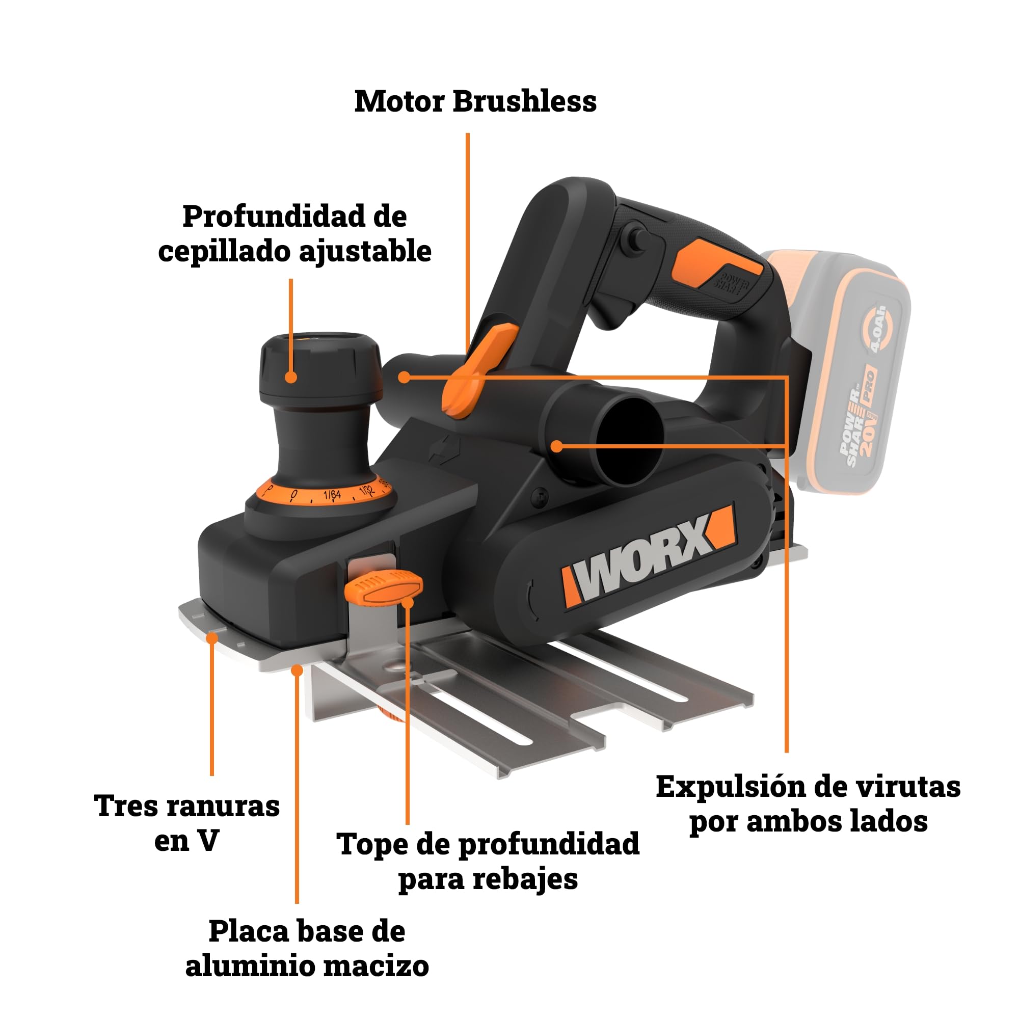 WORX WX620.9 Cepillo Eléctrico Brushless 20V 82mm, sin Batería | Profundidad 2mm, rebaje 8mm, 15.000 rpm, placa aluminio, ranuras V bisel, expulsión virutas ambos lados, PowerShare