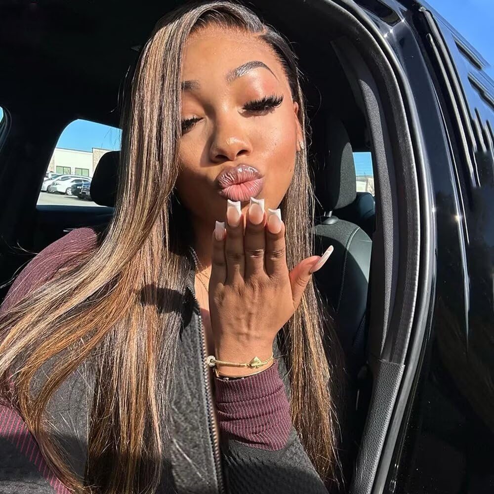180 Density Highlight Glueless Wig Human Hair Ready to Wear 13X4 Straight HD Transparent Lace Frontal Human Hair Wig Pre Plucked for Women Brazilian Remy Hair Glueless Wig with Bleached Knots