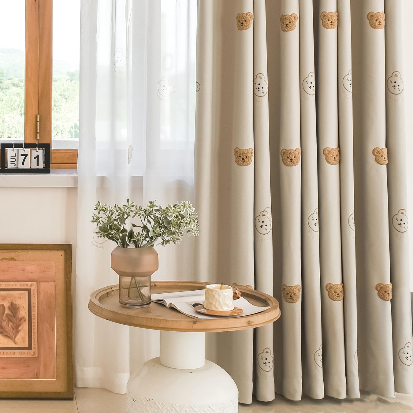 Cartoon Blackout Curtains for Kids Nursery Room Cute Animals Embroidered Room Darkening Heavy Grommet Window Curtain Drape for Bedroom Living Room 1 Panel Beige W42 x L84 Inch