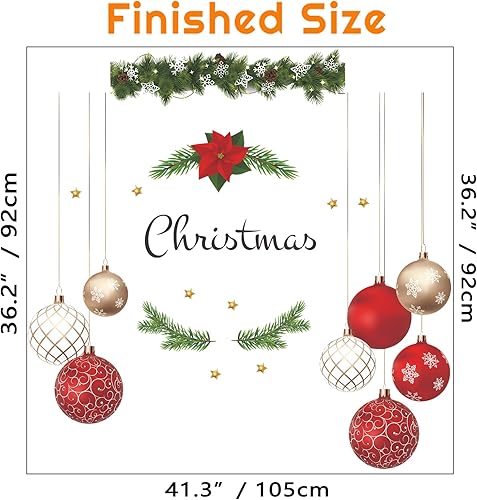 Miniatura 7 de Christmas Wall Decals Hanging Ball Window Wall Stickers Decorations, Golden Star Red Hanging Balloon Wreath Wall Decor Posters Vinyl Removable Xmas