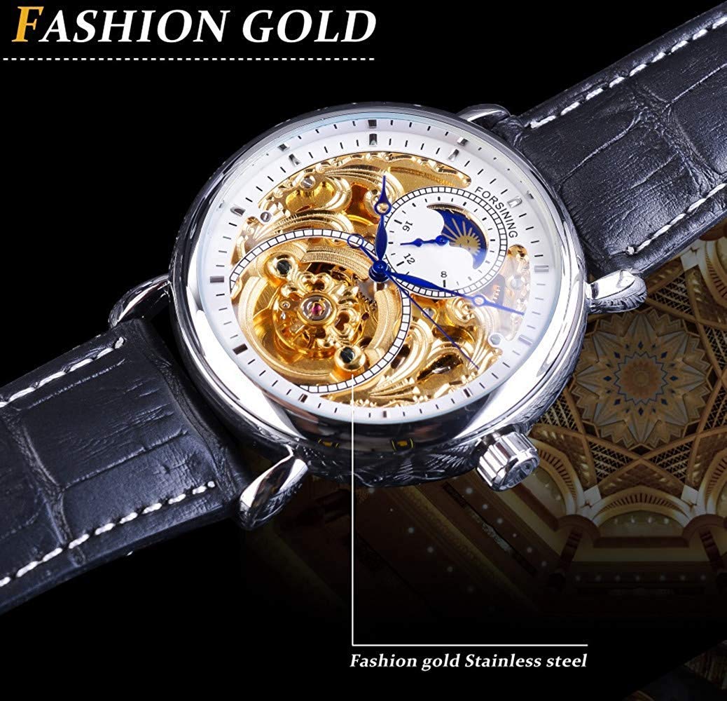 Carlien Herren-Automatikuhr, goldfarben, Tourbillon, Skelettuhr, Mondphase, wasserdicht, Edelstahl