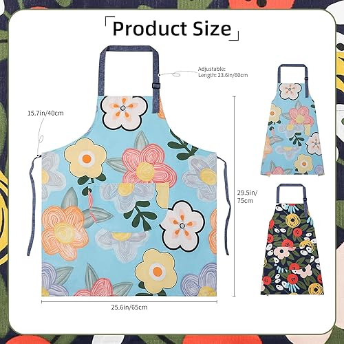 Miniatura 2 de Paquete de 2 delantales florales para mujer con bolsillos, delantal ajustable de algodón para cocinar, hornear, jardinería, dibujo, barbacoa y