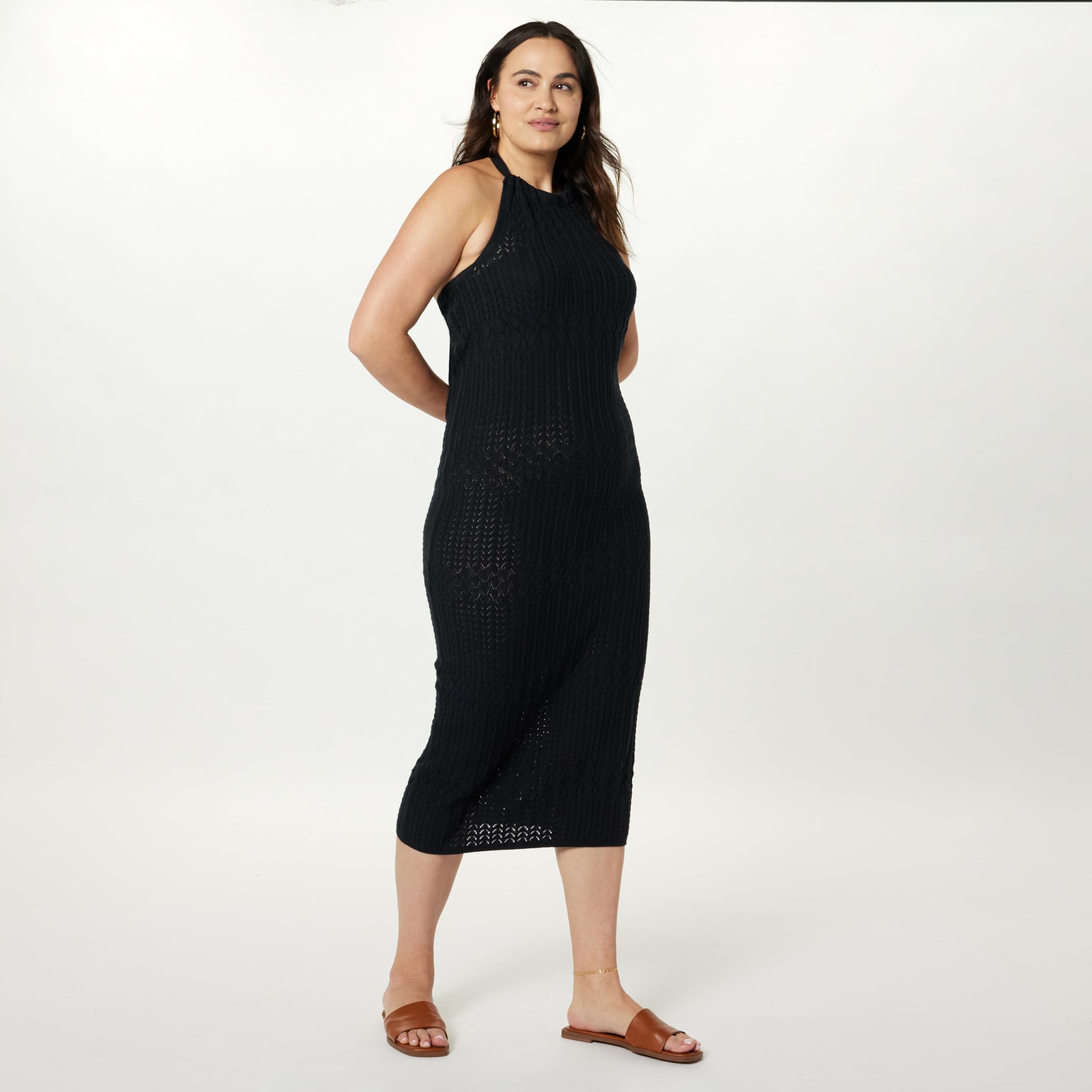 The Drop Vestido midi Jayla para mujer, en croché, con tirantes
