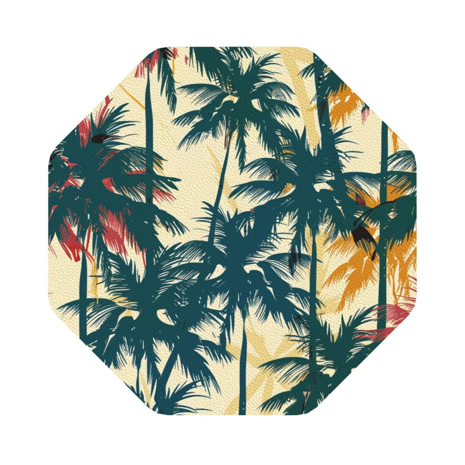 Palm Tree Pattern Print Leather Coaster Set of 6, Octagon Coasters Table Decorative Coffee Cup Beverage Coasters Wine Beer Bar Coasters for Hot Drinks Table Protection