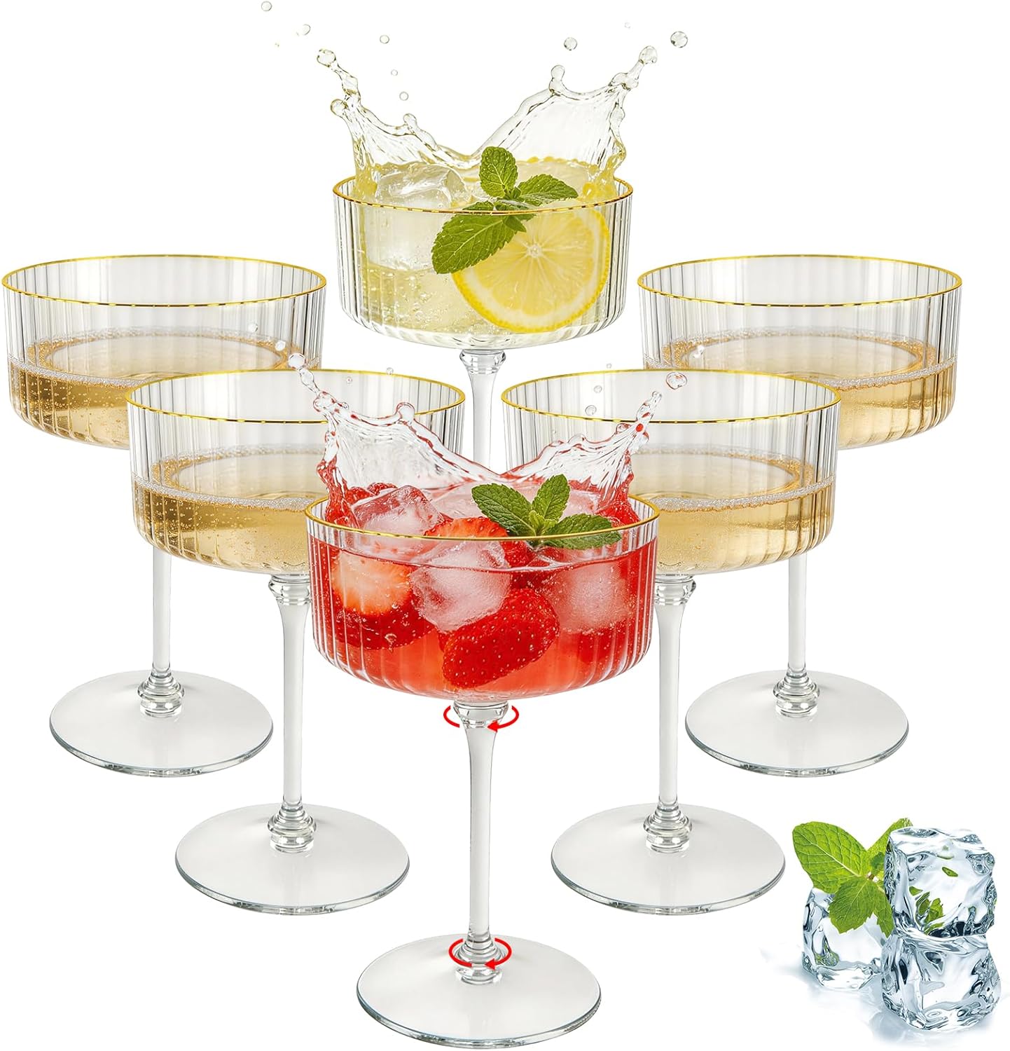 24 Pcs Transparent Martini Glasses 10 Oz Plastic Cocktail Cups, Ribbed Champagne Coupe Cup with Gold Rim Cocktail Glasses Detachable Dessert Cups Glassware Bulk for Wedding Birthday Party