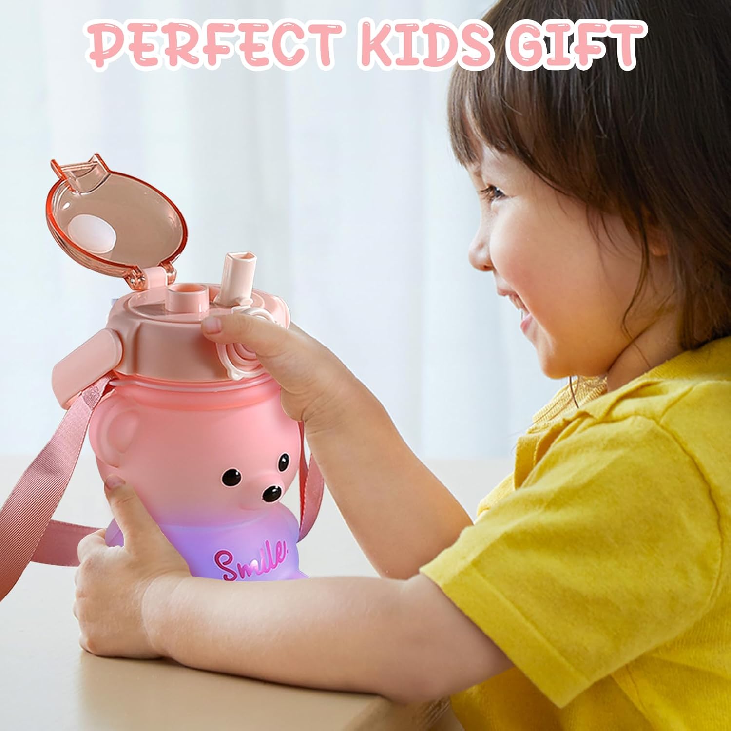 Bear Water Bottle, 32oz Cute Kawaii Teddy Bear Water Bottle with Straw & Adjustable Strap, Leak-Proof, Light Weight, BPA-Free, Durable & Safe Plastic Drinking Cup for Kids & Girls (Purple) - Image 6