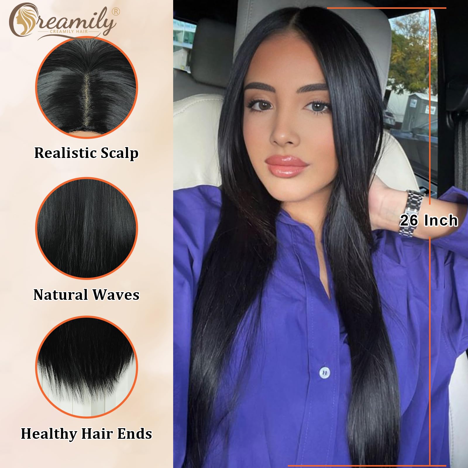 Creamily Long Straight Artificial Hair Wig for Woman Full Head for Chemo Patient,Black Natural Hair Wigs for Daily Party/Halloween Use (Black, 24 Inches) 3