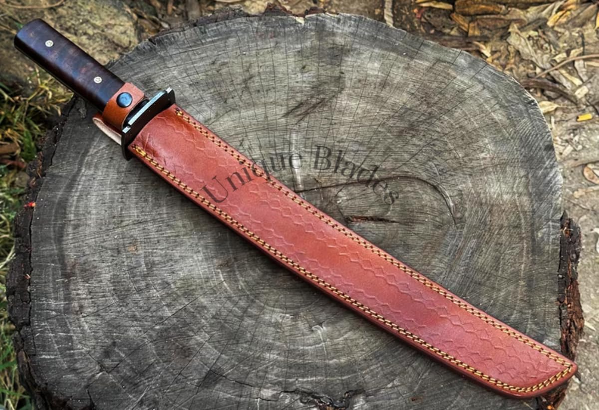 Jagdmesser Im Katana-stil Aus Damaszenerstahl, 20 Zoll Lange Klinge Mit Durchgehendem Erl Und Blutrinne, Holzgriff, Lederscheide, Camping- Und Überlebensmesser