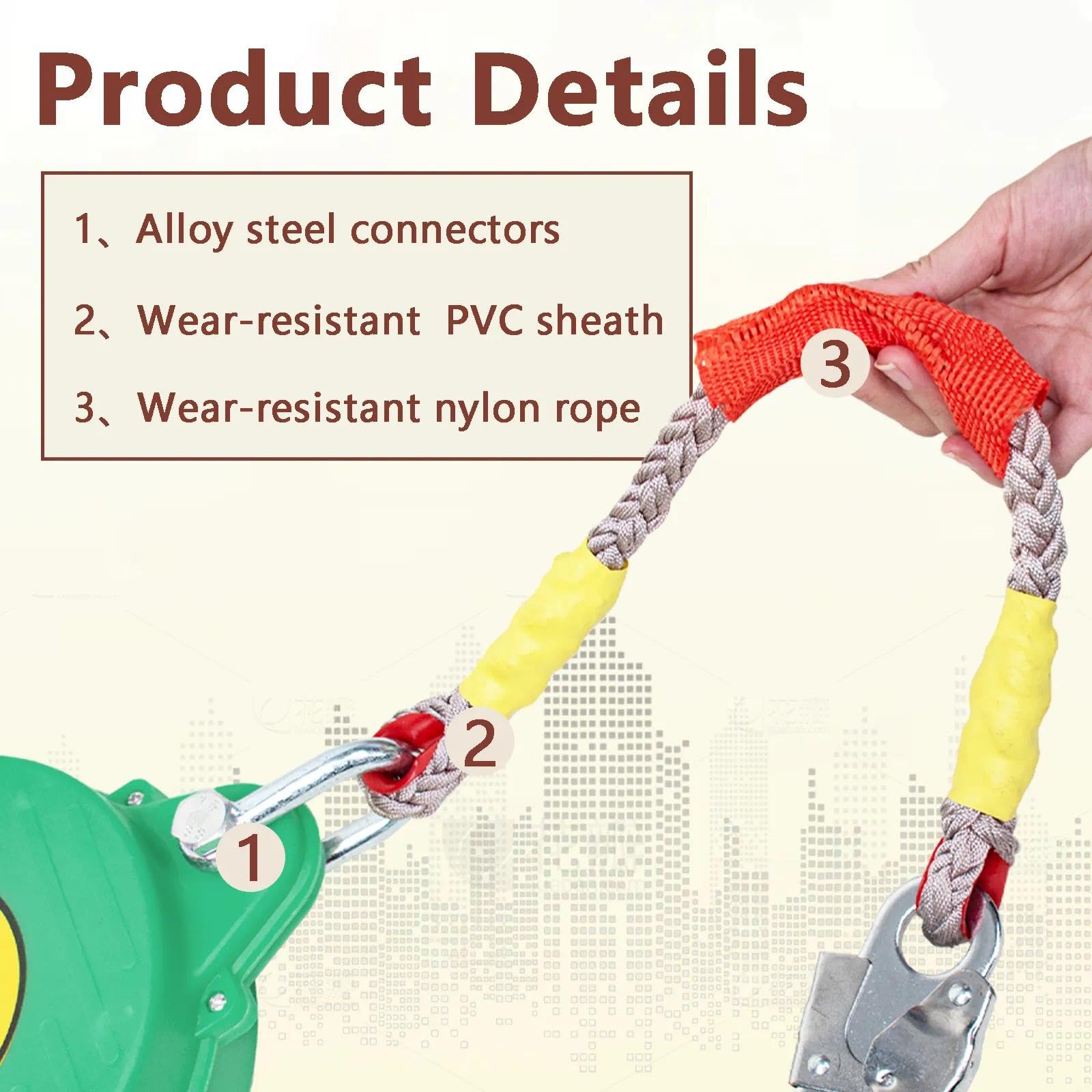 Dispositif Antichute a Rappel Automatique, 150 kg Harnais de Securite Anti Chute Toiture et Travaux en Hauteur, Dispositif Anti Chute 3-20m avec Crochet Autobloquant