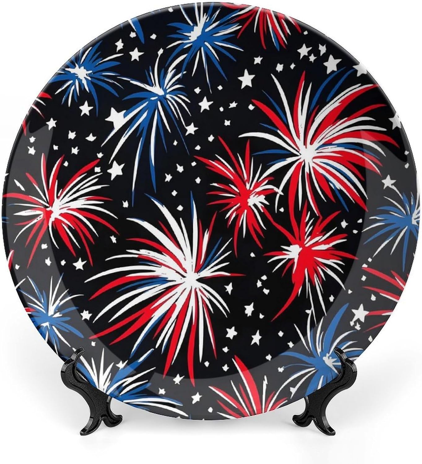 United States Fireworks 4th of July Decorative Plates for Display Ceramic Plate Tray with Stand Hanger Home Decor