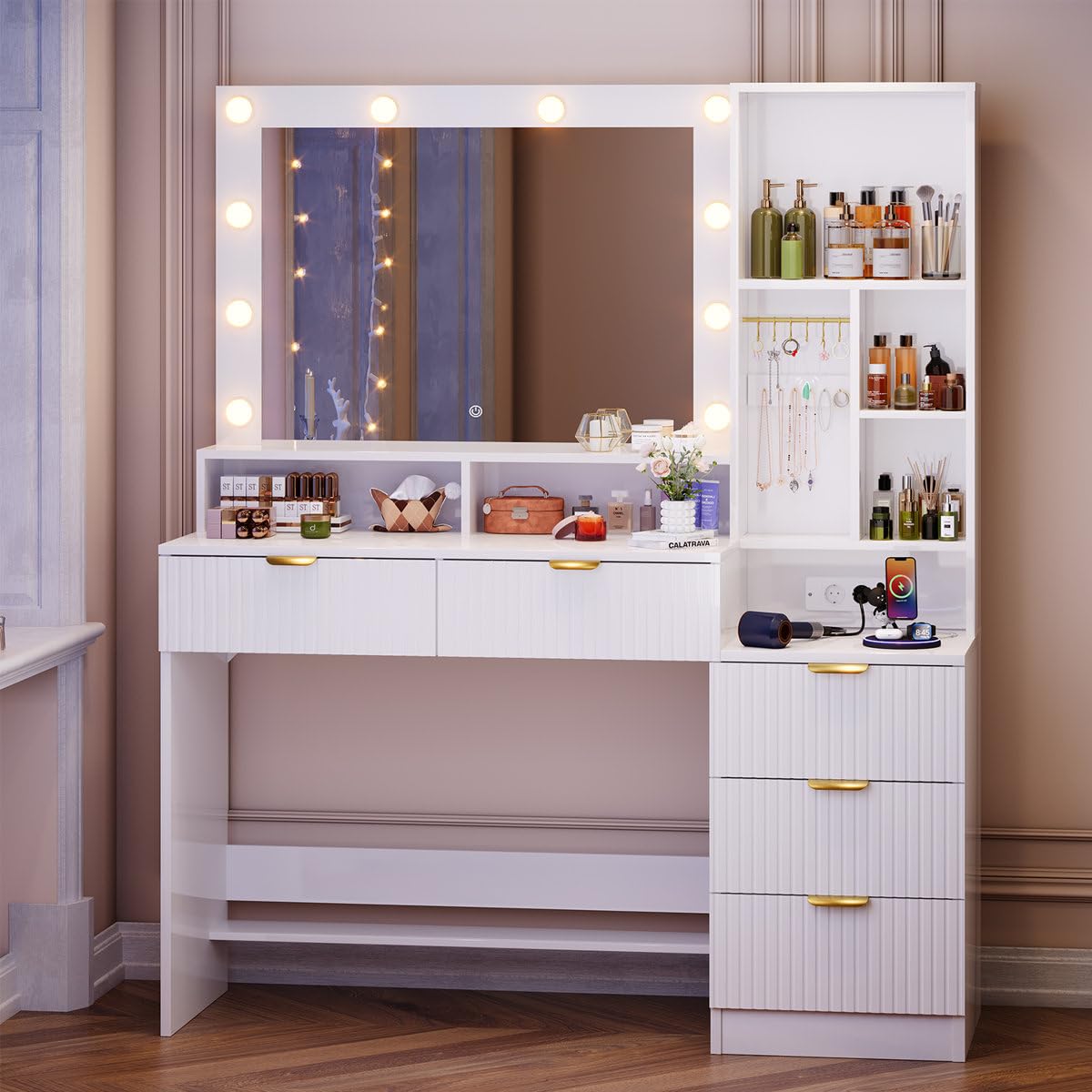 Ozone Furniture Makeup Dressing Table with Fluted Storage Drawers | Side Organiser Cabinet, Luxury White Finish, Fluted Design, Multiple Drawers, Bedroom Furniture-image-49