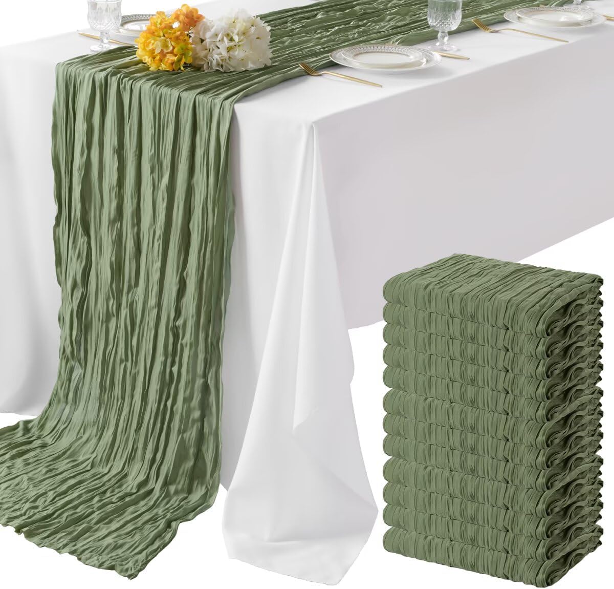 12 Pack Sage Green Cheesecloth Table Runner 35"×120" Gauze Fabric Table Runner Rustic Sheer Runner for Wedding Birthday Baby Shower Party Table Decoration Sage Green 12 Pack