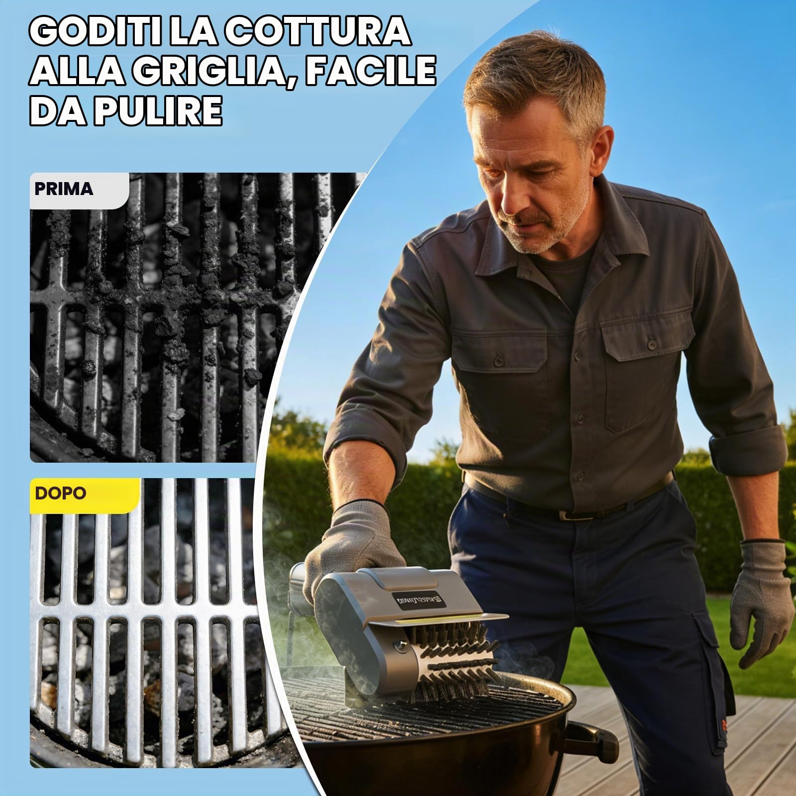 Spazzola Elettrica per Barbecue, Senza Fili Ricaricabile con Testa in Acciaio Inox, 1 Testa di Ricambio Inclusa, 350 giri/min, 60 minuti di Autonomia, per Griglie a Gas, Carbone, Smoker