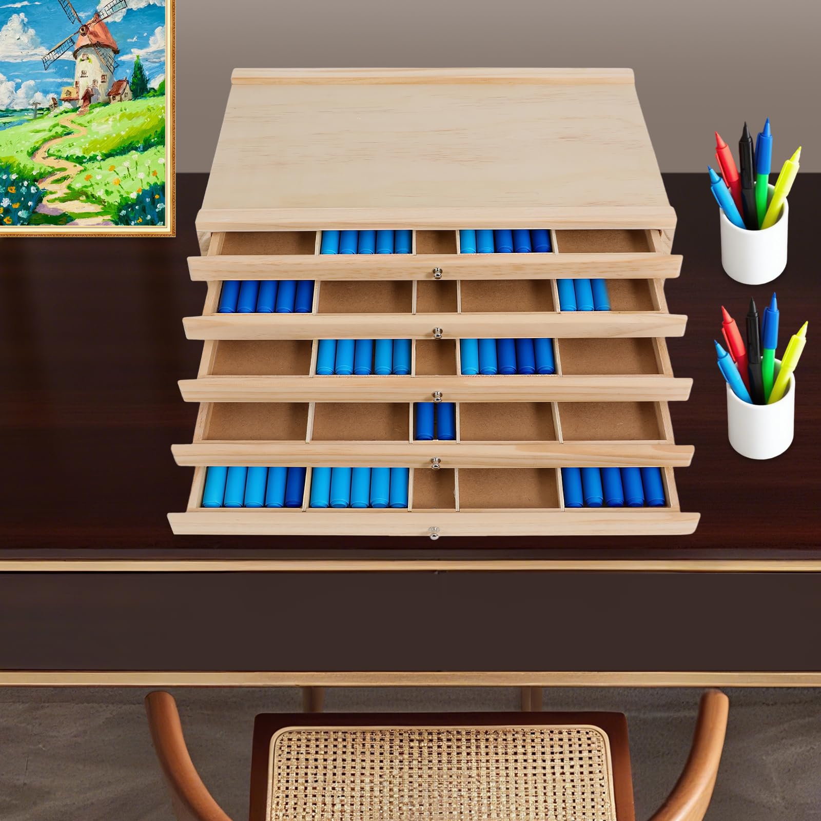 5-Drawer Pine Artist Boîte de rangement – 38 x 25 x 10 cm – Boîte de rangement avec compartiments et tiroir, finition en bois, poignées en métal, organiseur de table pour art, artisanat, bijoux
