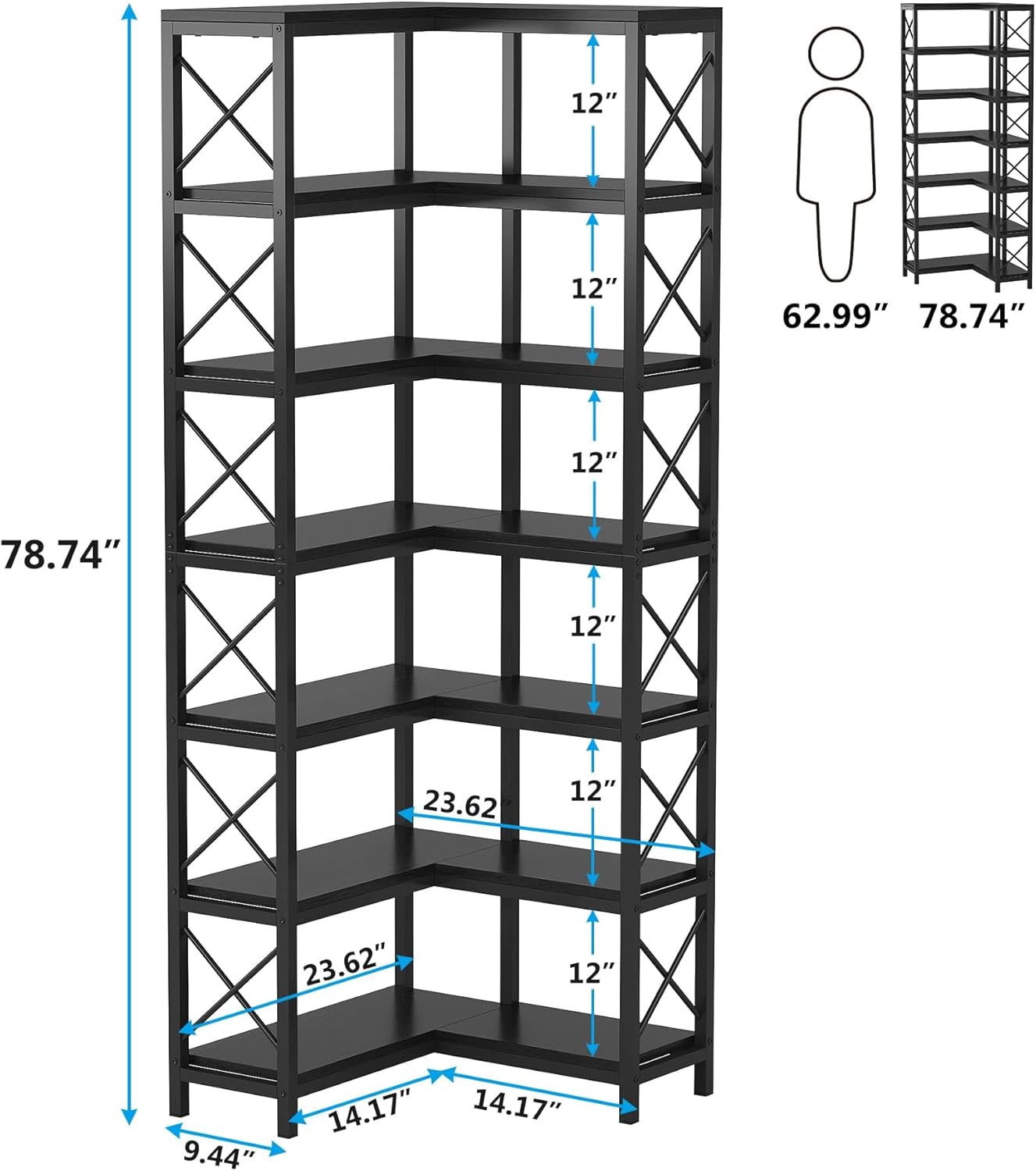 LITTLE TREE 79 inches Tall Bookshelf Bookcase, 7-Tier Corner Book Shelf, Modern Freestanding Open Book Shelves, Black Shelving Unit Display Shelf for Living Room
