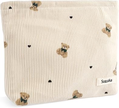 Tmtains Corduroy Makeup Bag Cute Small Soft Zipper Makeup Bags for Purse Organizer Cosmetic Travel Toiletry Pouch with Bear Pattern Coquette Aesthetic Period Pouch Valentine Gifts for Women Beige