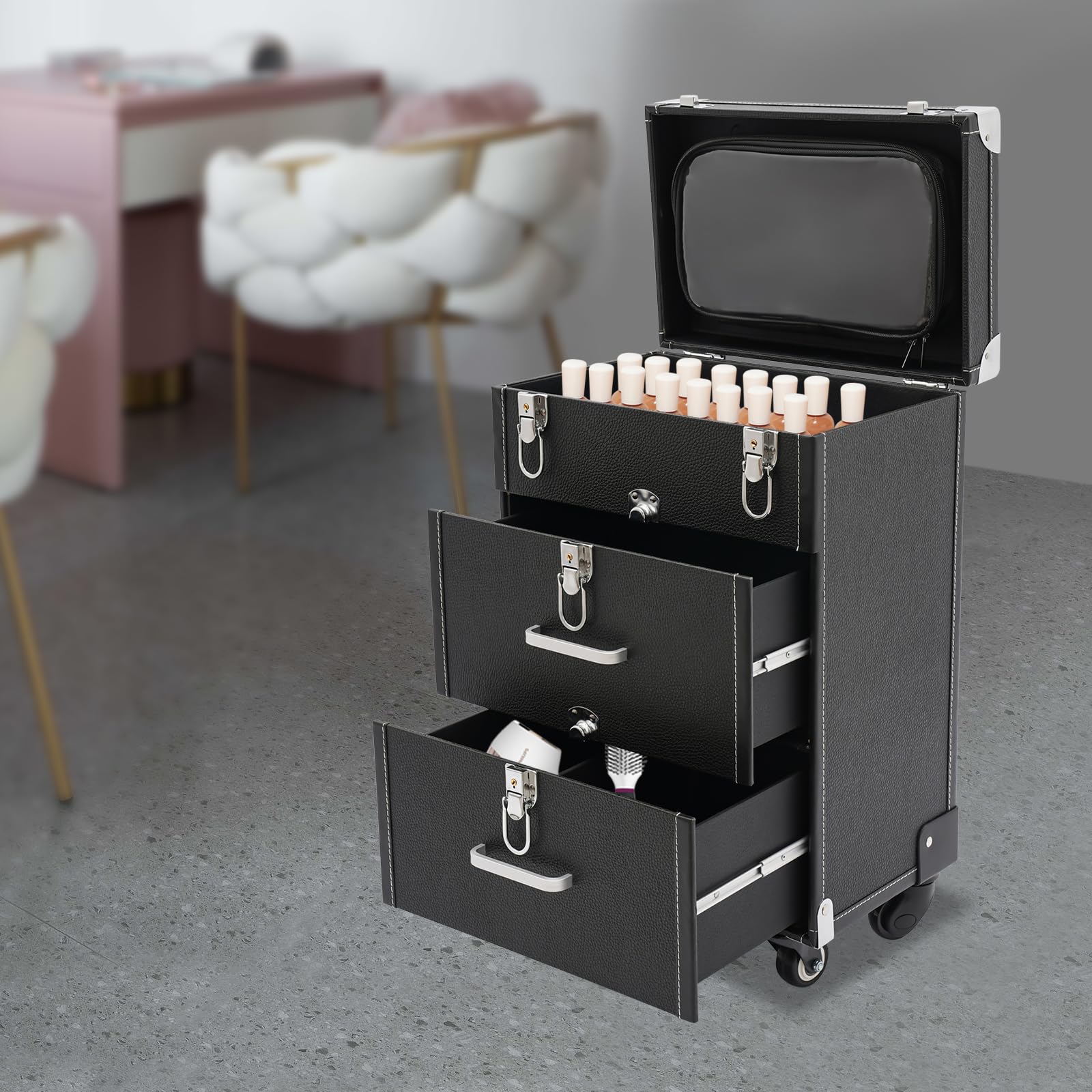 Estuche para cosméticos con Ruedas de Gran Capacidad, Estuche de Viaje con Ruedas, Caja de Almacenamiento móvil, Estuche de Maquillaje Multifuncional, Organizador de Herramientas