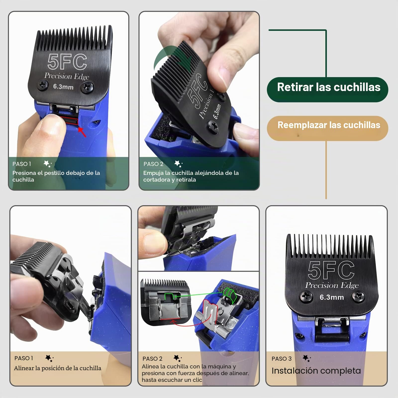 Cuchillas de Acero Inoxidable 7FC/5FC/4FC/3FC para cortapelos para Perros,compatibles con la Serie Moser 45-50/Heiniger/Andis/Oster A5/Wahl KM10,Paquete de 4,Color Negro