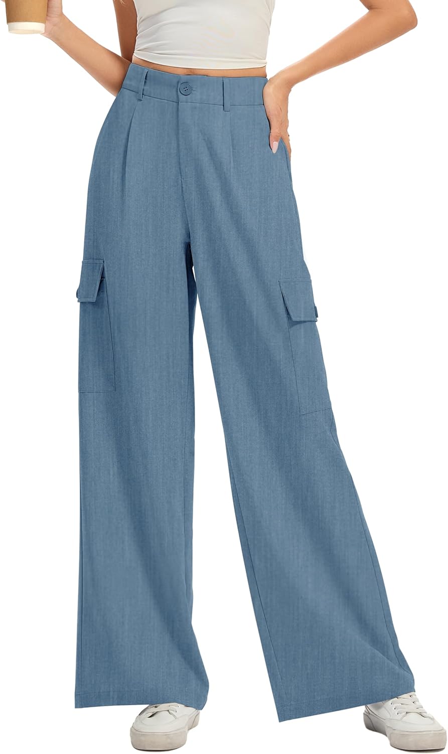 FUNYYZO Women's Loose Pleated Front Long Pants Wide Leg Trousers Solid Causal Dressy