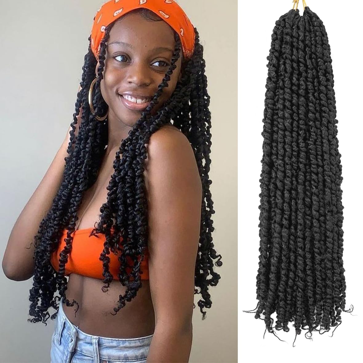 Leeven 20 Inch Passion Twist Crochet Hair Natural Black Pre Twisted Water Wave Crochet Hair 8 Packs Pre-looped Crochet Braiding Hair Extensions 1B#