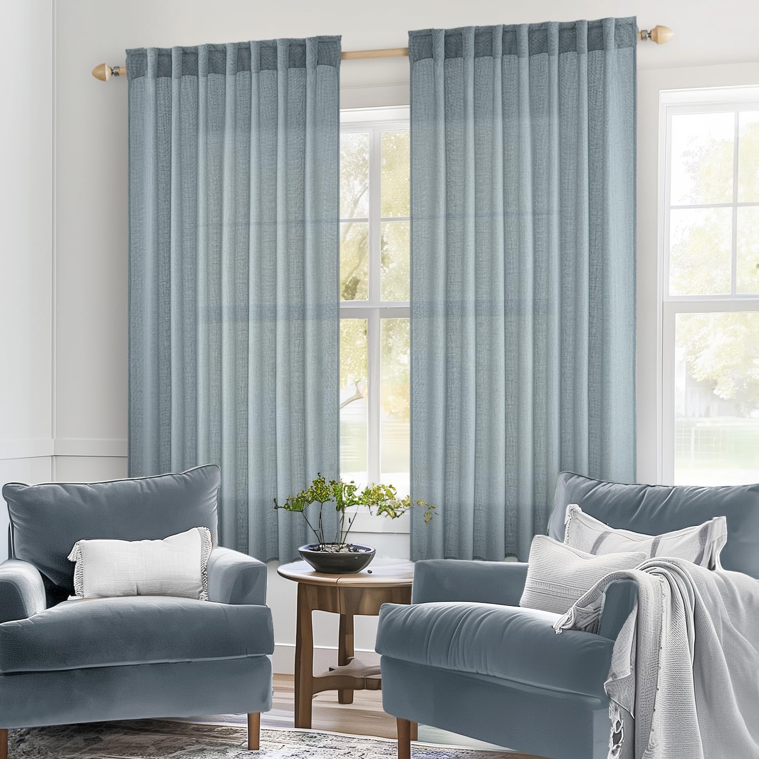 MIULEE Brown Linen Curtains 84 Inch Length for Bedroom Living Room, Soft Thick Linen Textured Window Drapes Semi Sheer Light Filtering Back Tab Rod Pocket Burlap Look Farmhouse Decor, 2 Panels: 52"W x 45"L (Pack of 2) Stone Blue