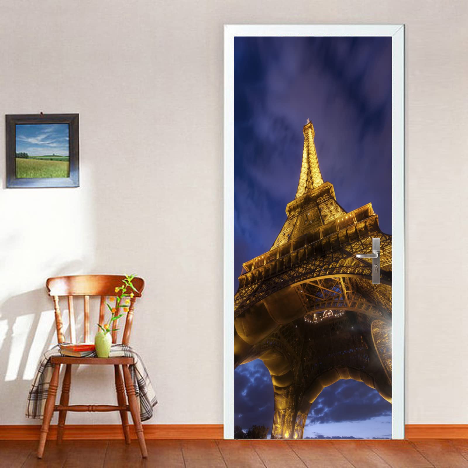 Sticker Porte Effet 3D Trompe L'Oeil Tour Eiffel Paris - Autocollant Décoration 204x83 Cm