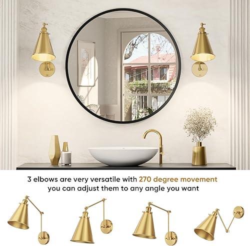 Miniatura 6 de NookNova Aplique de pared con brazo oscilante, apliques de pared dorados, juego de 2 lámparas de pared con brazo oscilante, juego de 2 sujetadores,