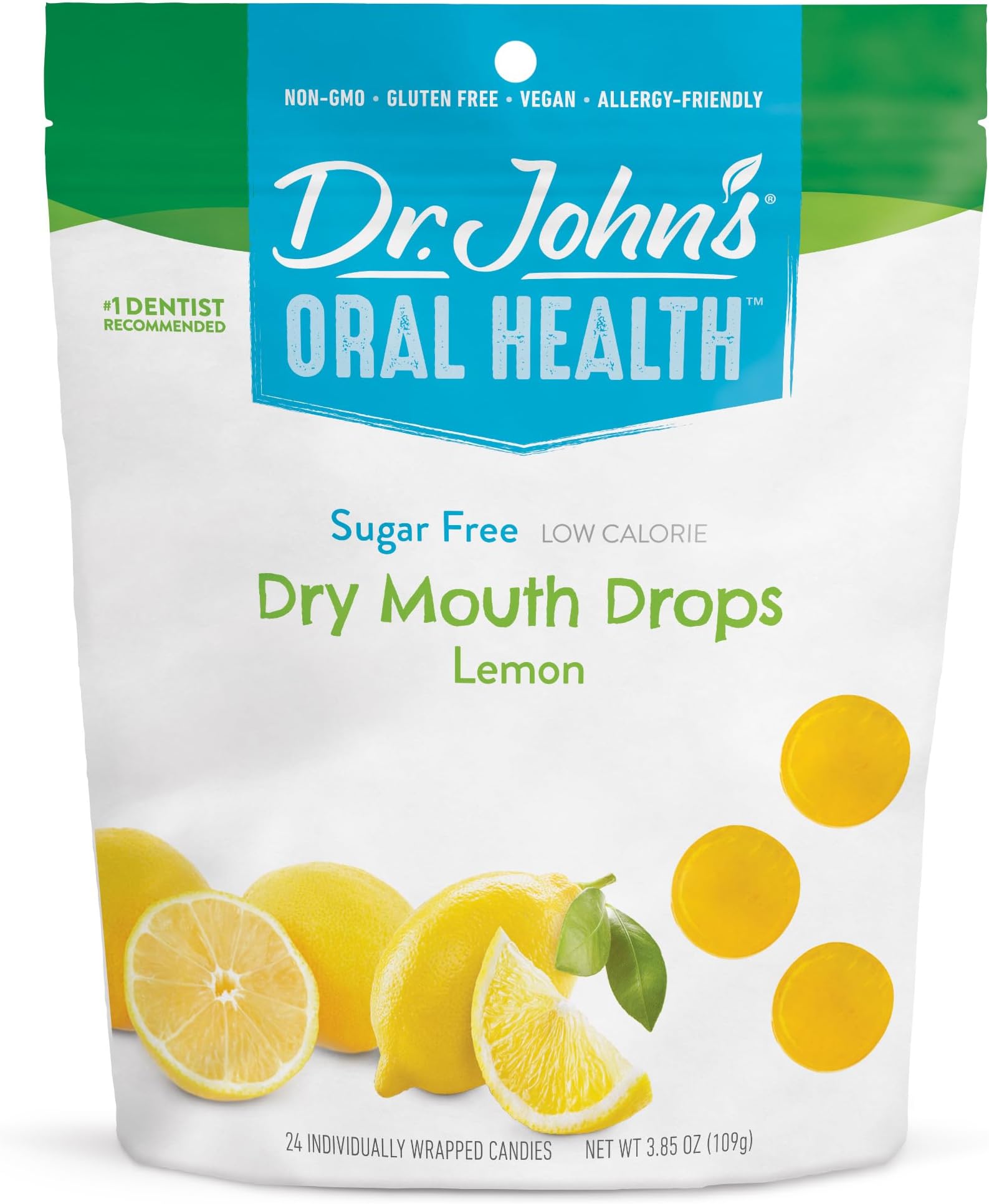 Dr. John’s Oral Health Sugar Free Candy, Healthy Dry Mouth Drops with Zero Sugar, Low Calorie Snacks, Keto Friendly Hard Candy Sweets, Lemon, 24 Count, 3.85 OZ