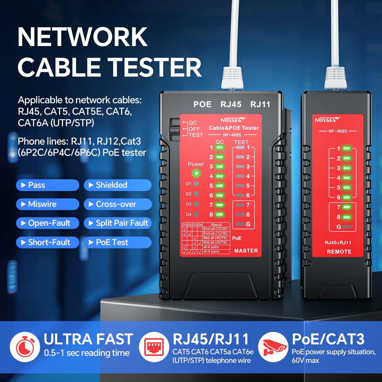 NOYAFA Testeur de câble réseau NF-468S, testeur de câble Ethernet RJ12 RJ11 RJ45 pour CAT5, CAT5E, CAT6, CAT6A, POE, testeur de continuité UTP/STP, toner, ligne téléphonique, câble CAT3, outils réseau