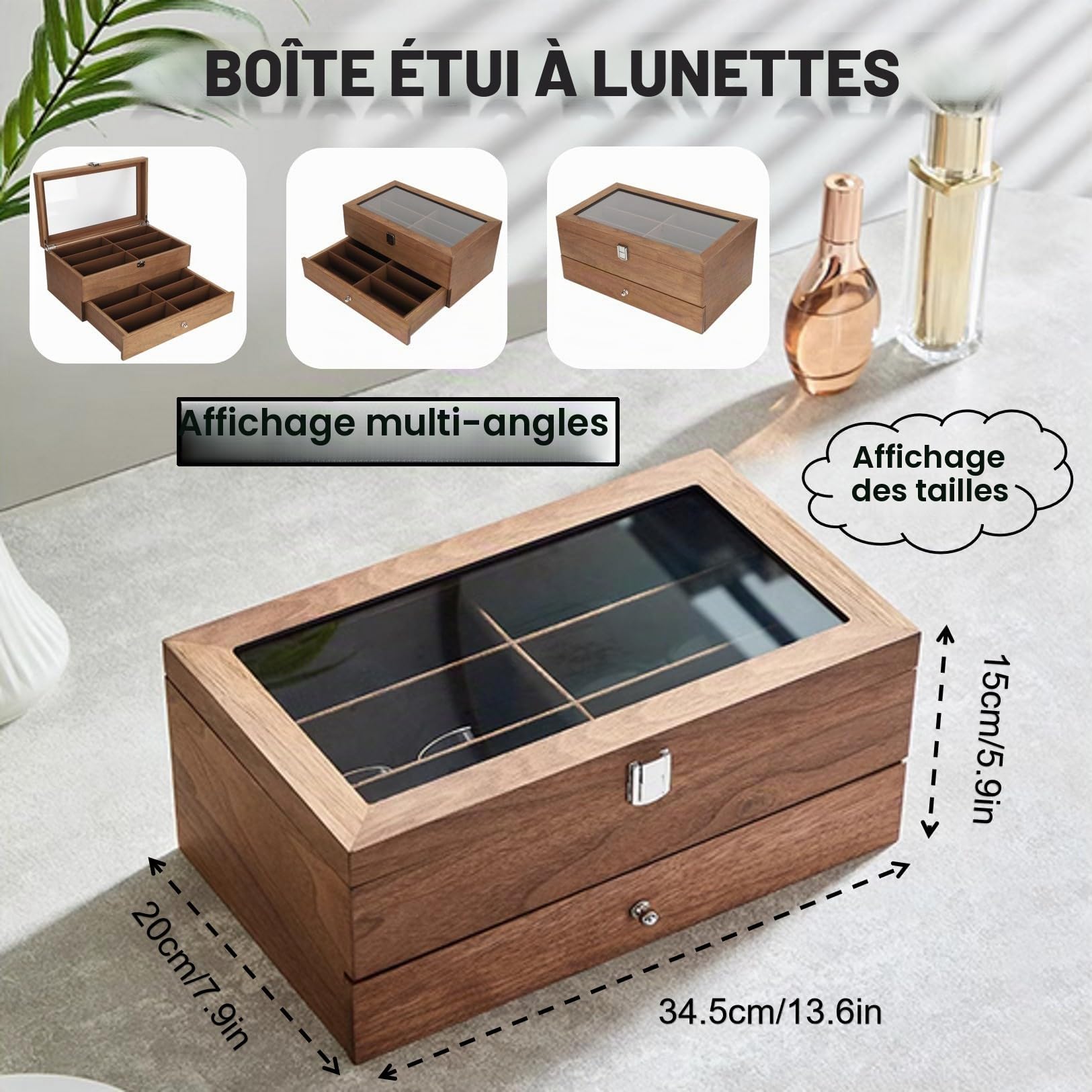 Boîte à Lunettes en Bois,12 Compartiments Rangement pour Lunettes et Lunettes de Soleil Couvercle en Verre Deux Couche Étui Lunettes Écrin à Accessoires 2 Niveaux Coffre de Rangement