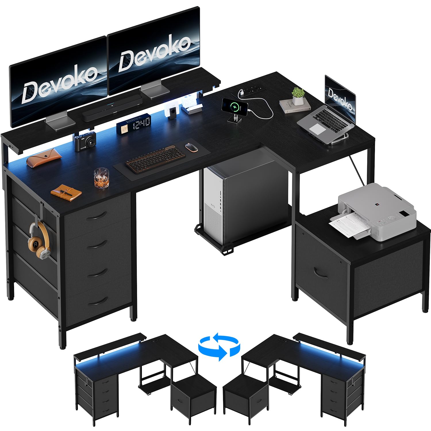 Devoko L-förm Schreibtisch mit 5 Stoff Schubladen,160x120cm Schwarz | Umkehrbarer Eckschreibtisch mit Großer Stauraum,Integrierte Steckdosen, Monitorständer & LED-Beleuchtung