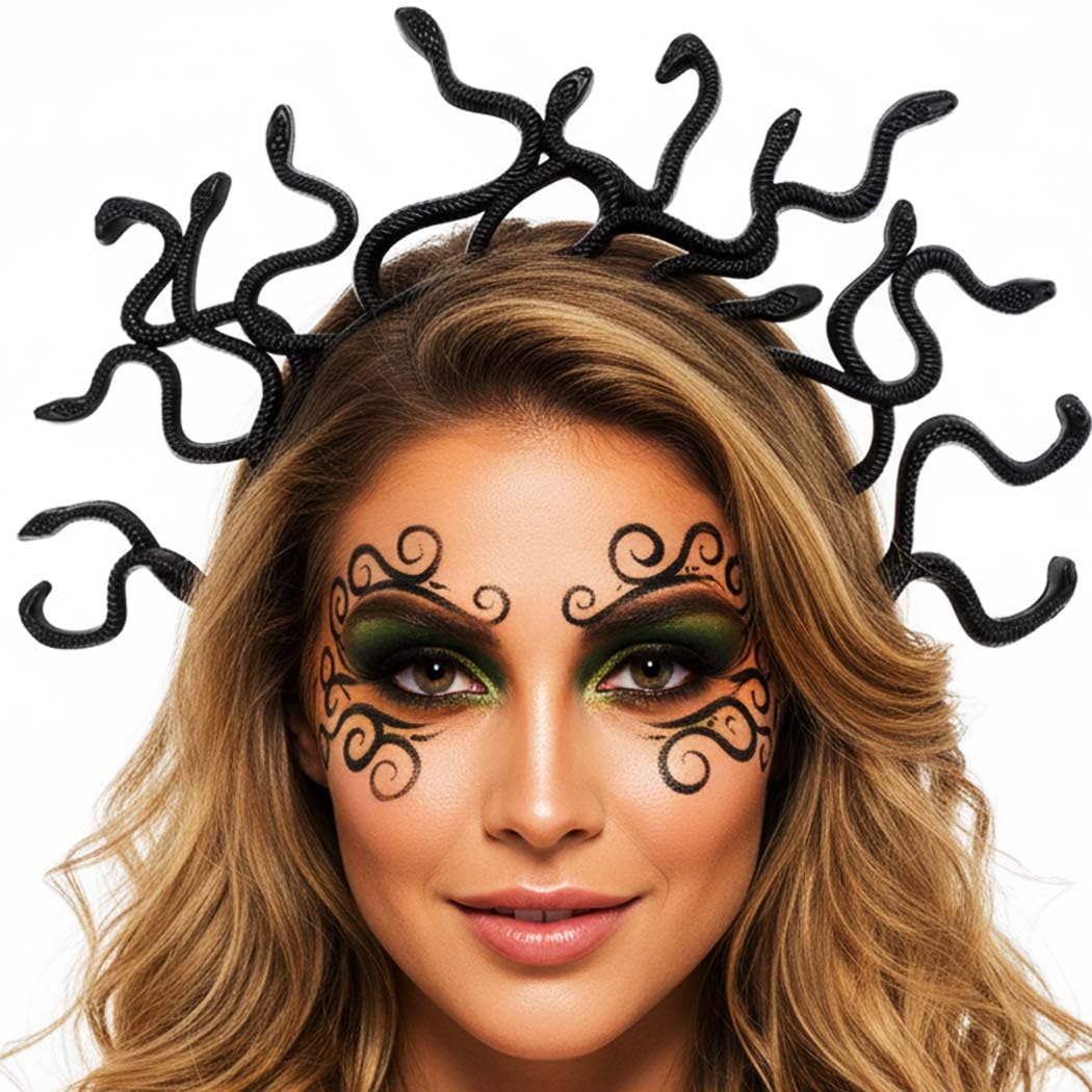 Reaky Snake Headbands Medusa Headpiece Gold Snake Hairband Halloween Costume Hair Accessories for Women (Black, One Size)