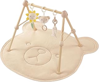 4 IN 1 Bär Spielbogen Baby, Spielmatte Babies mit Natur Holz Activity Spielbogen, 3 abnehmbaren Spielzeugen zum Greifen, für ab 0-3-6-12-36 Monaten