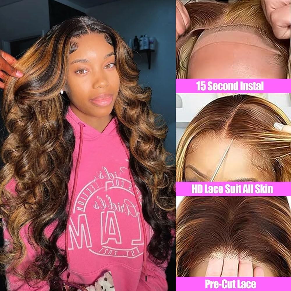 28 Inch Ombre Highlight Honey Blonde Wig Human Hair Ready to Wear Glueless Wig Human Hair Pre Plucked Pre Cut 180% Density P4/27 Body Wave Colored Wigs 5x5 HD Transparent Lace Closure Wigs Human Hair