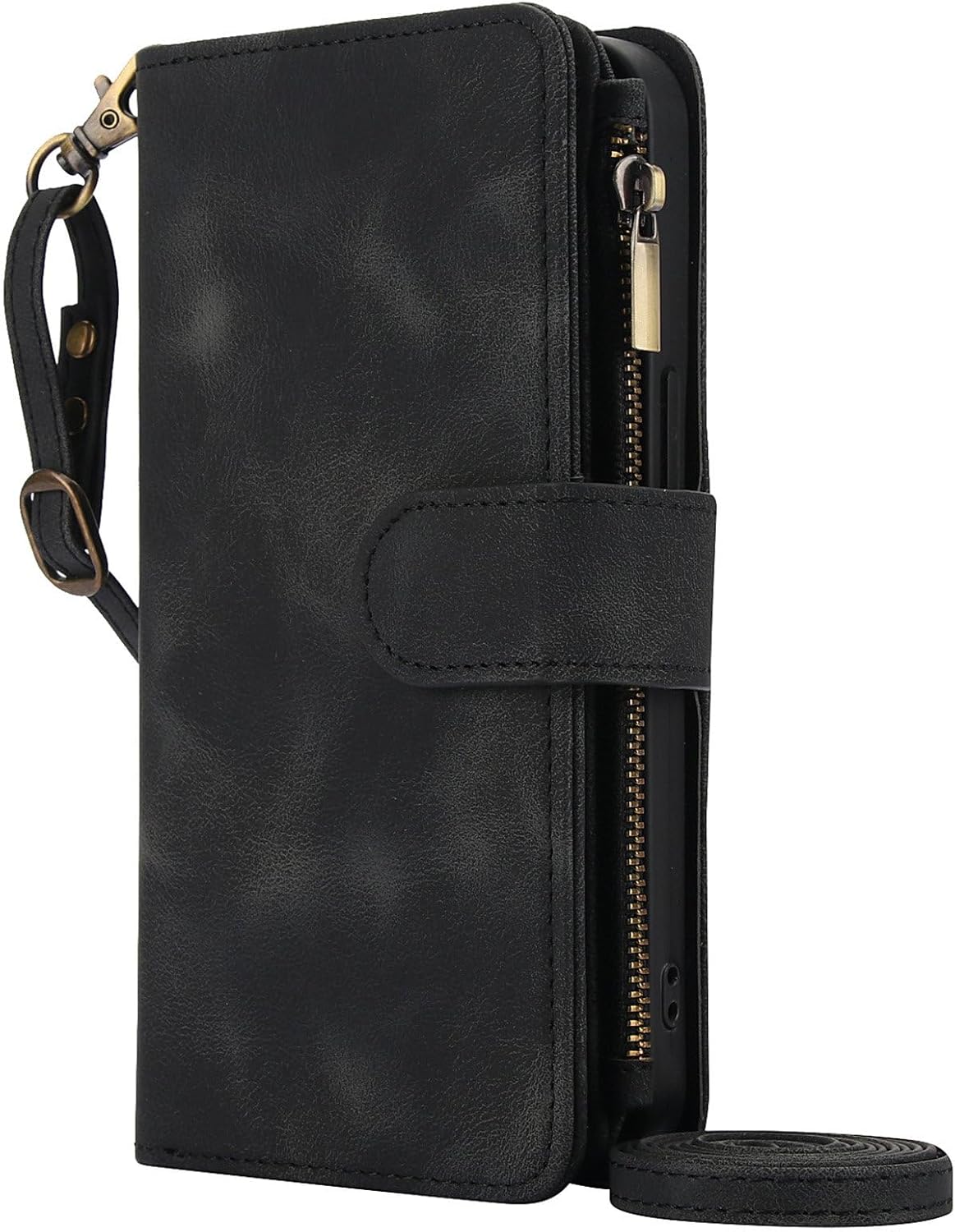 for iPhone 17 Crossbody Wallet Case with Card Holder, PU Leather Magnetic Strap Zipper Pocket Phone Cover - Black