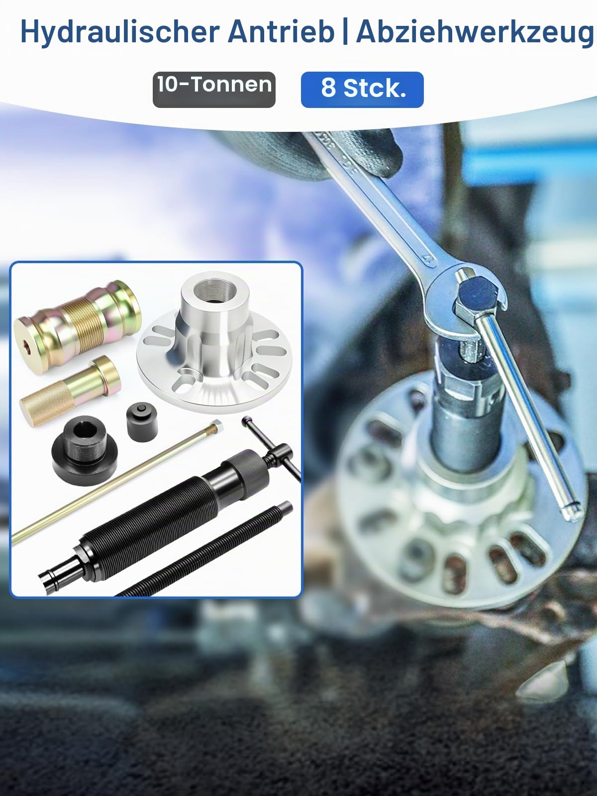 10T 8Tlg Hydraulischer Radnaben Abzieher Profi-Set, Universell für 4/5-Loch Felgen (96-125mm), Antriebswellen Ausdrücker mit Manueller Hydraulikpumpe und Schlaghammer