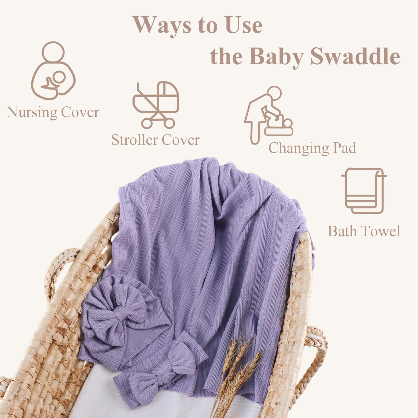 MniJiza Newborn Swaddle Blanket Baby Girls Receiving Blankets with Headband Beanie Hat Set Soft Nursery Swaddle Wrap (Purple) - Image 3
