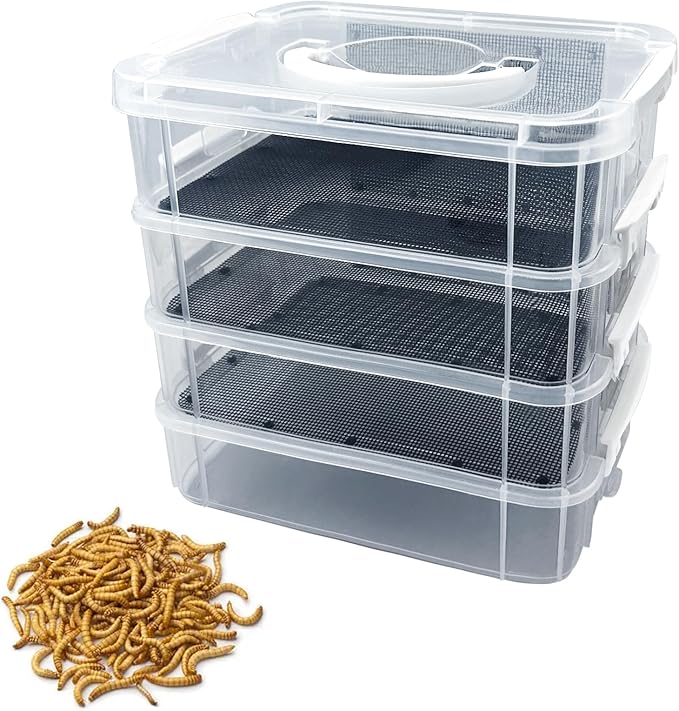 Mealworm Breeding Kit,Prevent Escape Mealworms Keeper,Four-Layer High Capacity Mealworm Farm,To Breed Live Mealworms for Sugar Gliders,Reptiles,Birds,Chickens,Lizards,Bearded Dragon,Frogs,Tortoises