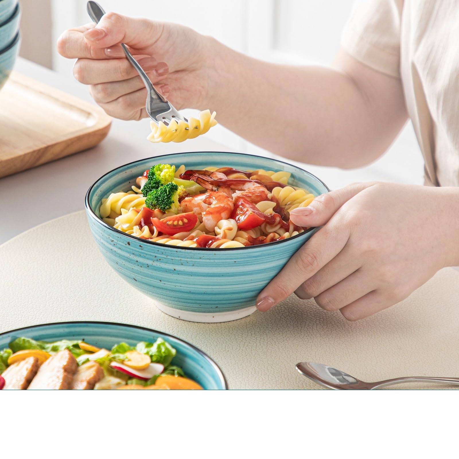 Talerz obiadowy, talerze, 6 sztuk, 840 ml, ceramiczna miska, ręcznie malowana, kamionka, zastawa stołowa, sałatka, zupa, owoce, makaron, ramen, talerze obiadowe, możliwość układania w stos, talerze