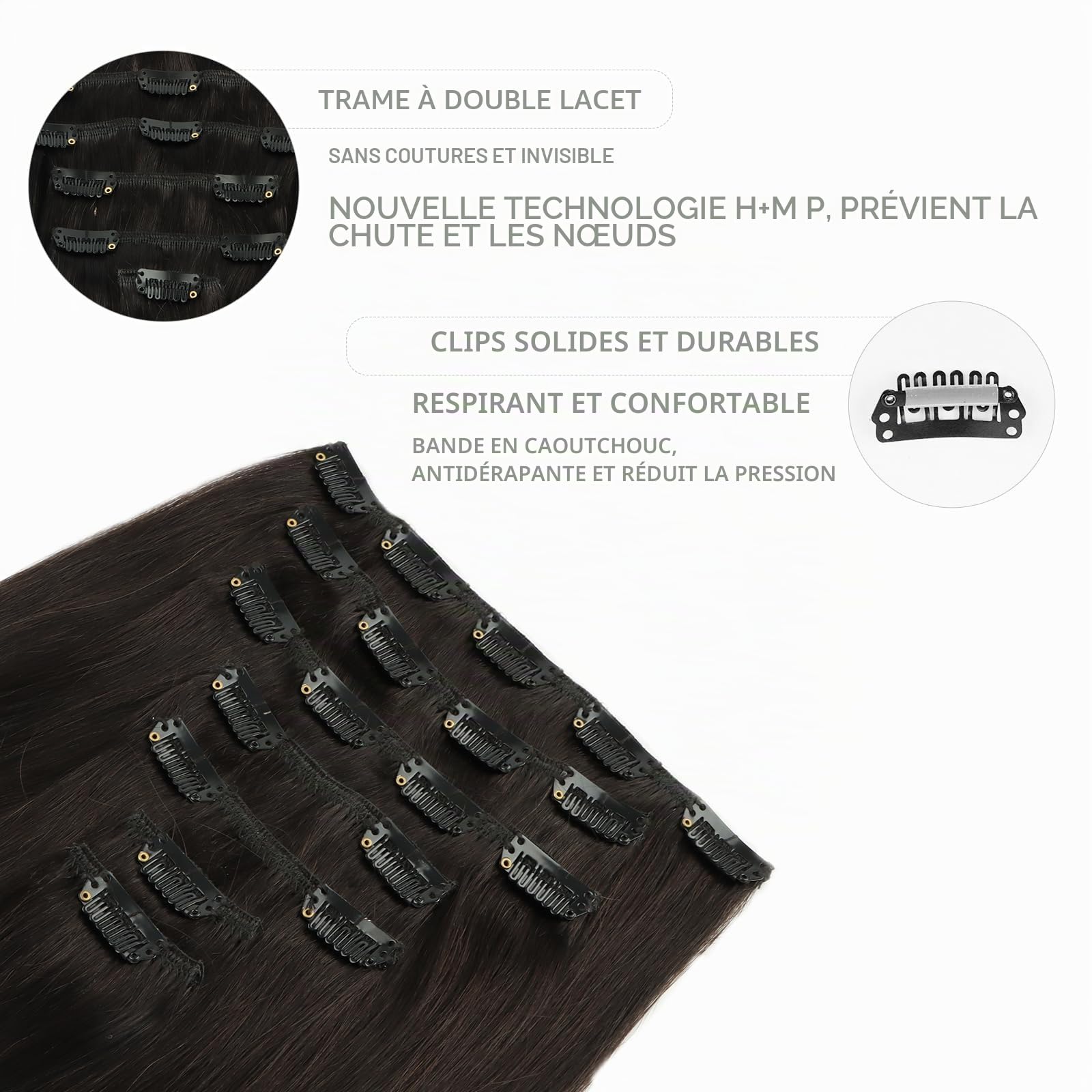 WENNALIFE 55cm 120g 7pcs Extension Cheveux Naturel Clip Cheveux Humains Brun Foncé Vrai Cheveux