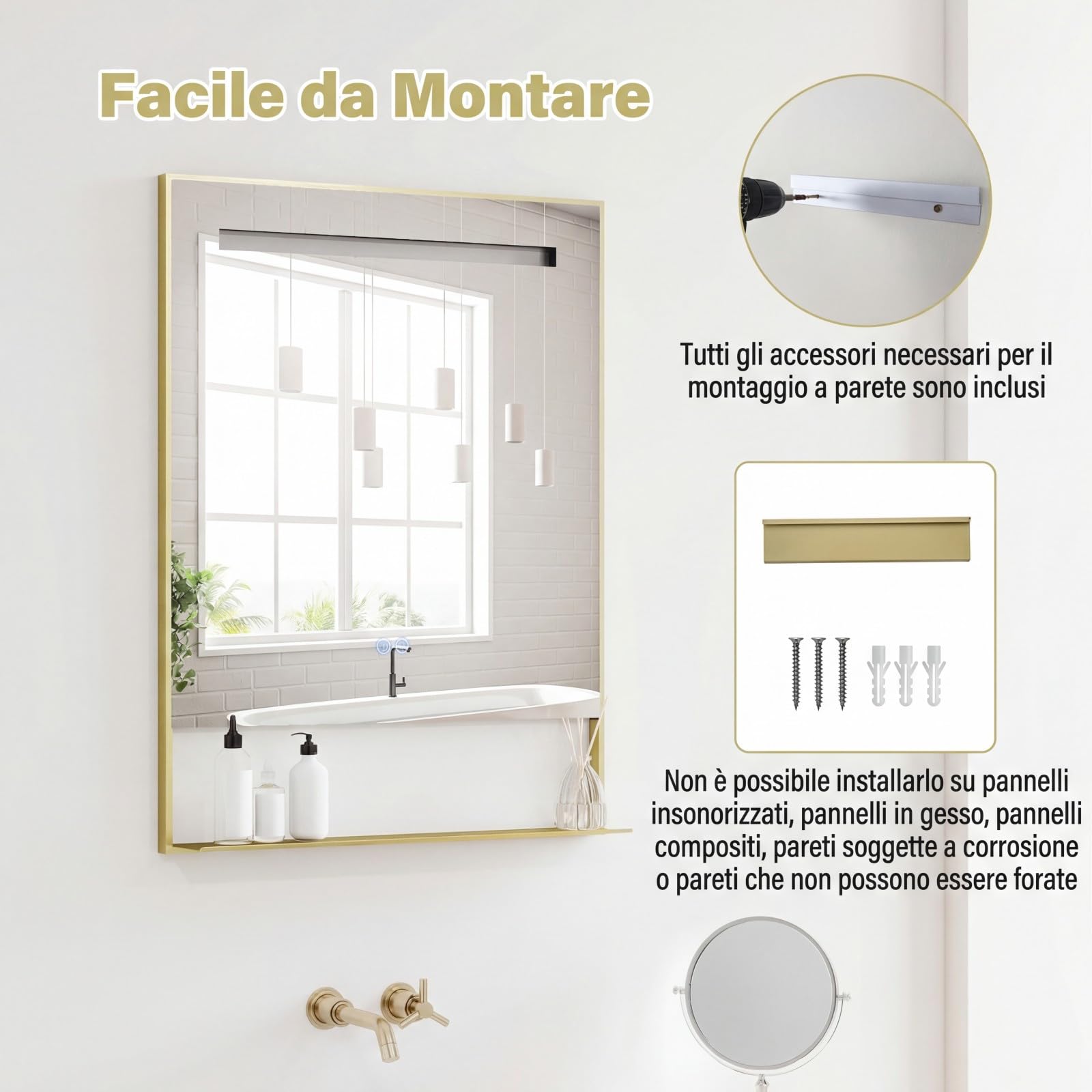 COSTWAY Specchio da Bagno LED 80x60 cm con Mensola e Cornice in Alluminio | Specchio da Trucco LED con Funzione Antiappannamento, 3 Colori di Luce e Luminosità Regolabile