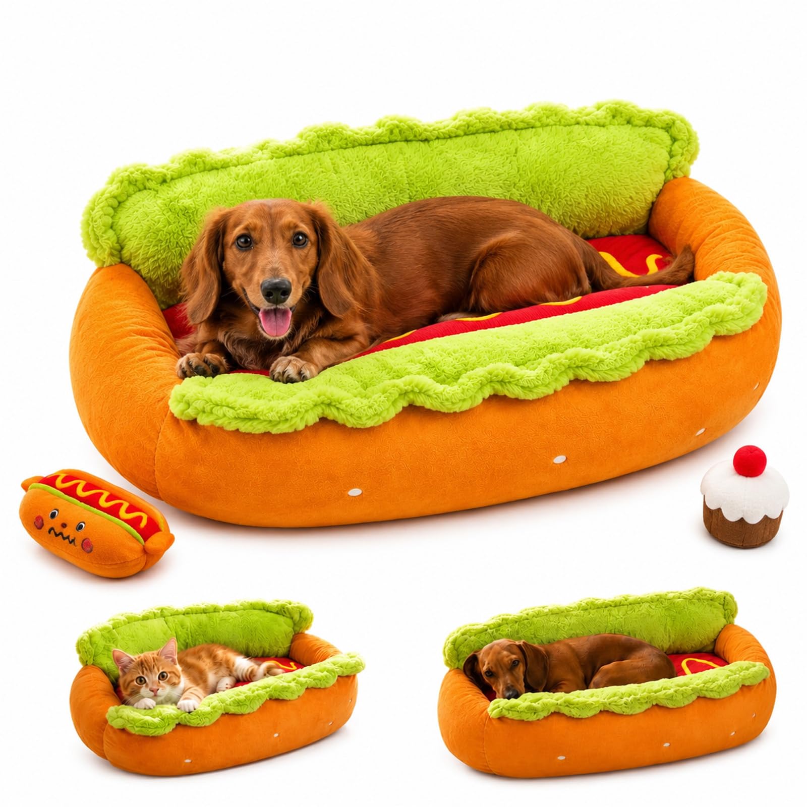 Hot Dog Dog Bed, Washable Sausage Dog Bed with Removable Cushion