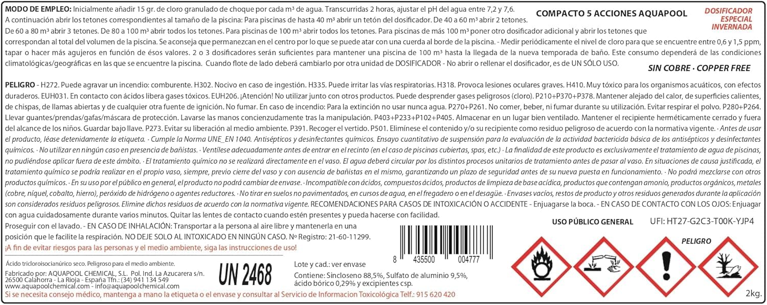 Pack 2 UDS - DOSIFICADOR INVERNADA Ion Pure 4 KG (2x2 KG) - Cloro de Invierno 5 Acciones - Sin Cobre - Tratamiento autodosificador Piscinas Invierno - Apto Piscinas Liner