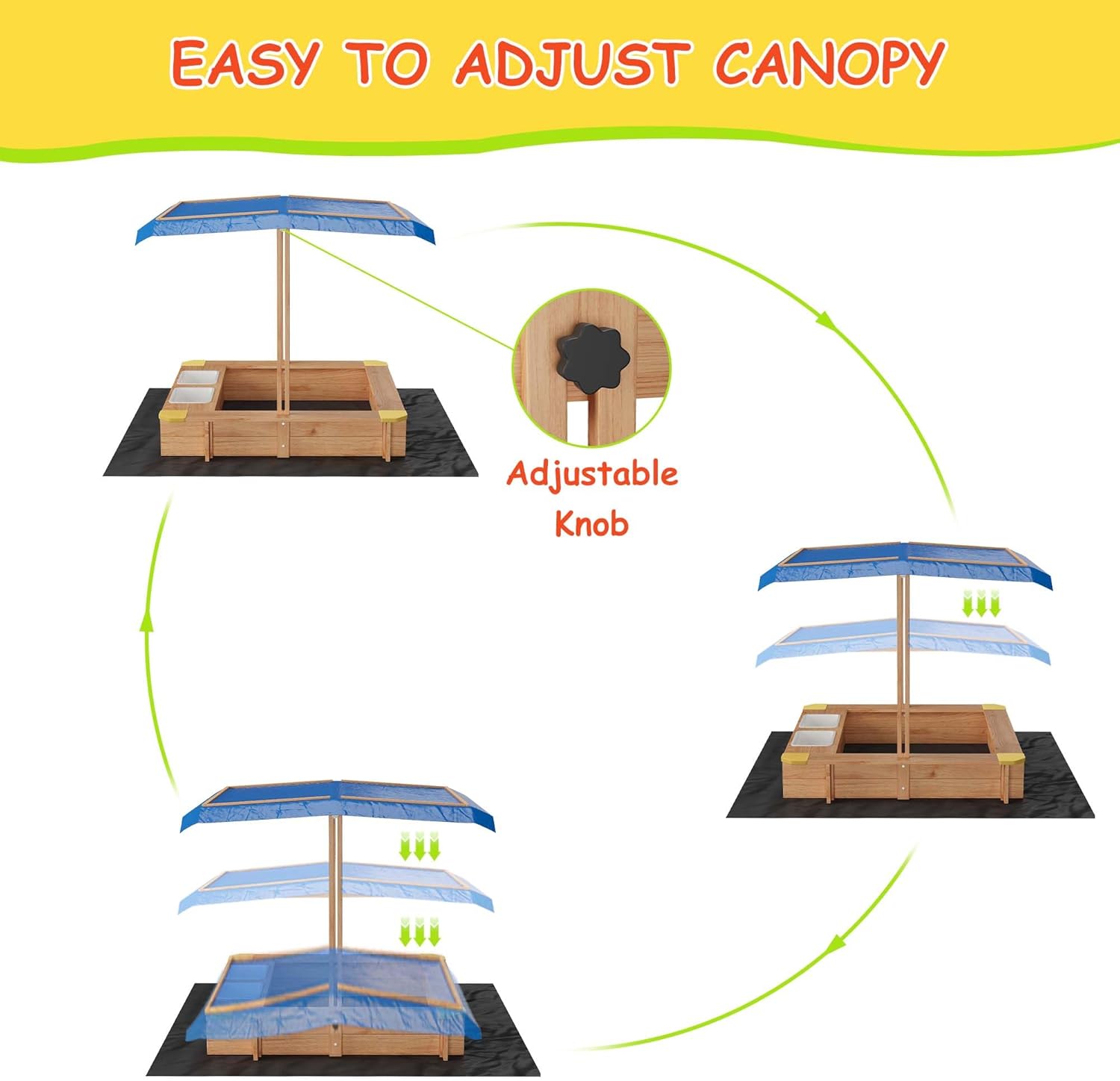 GarveeLife Wood Sandbox with Canopy, Outdoor Play Area with Side Buckets and Drainage Liner for Kids Ages 1-3, Sand Pit with Cover Bottom Liner for Backyard Garden Beach