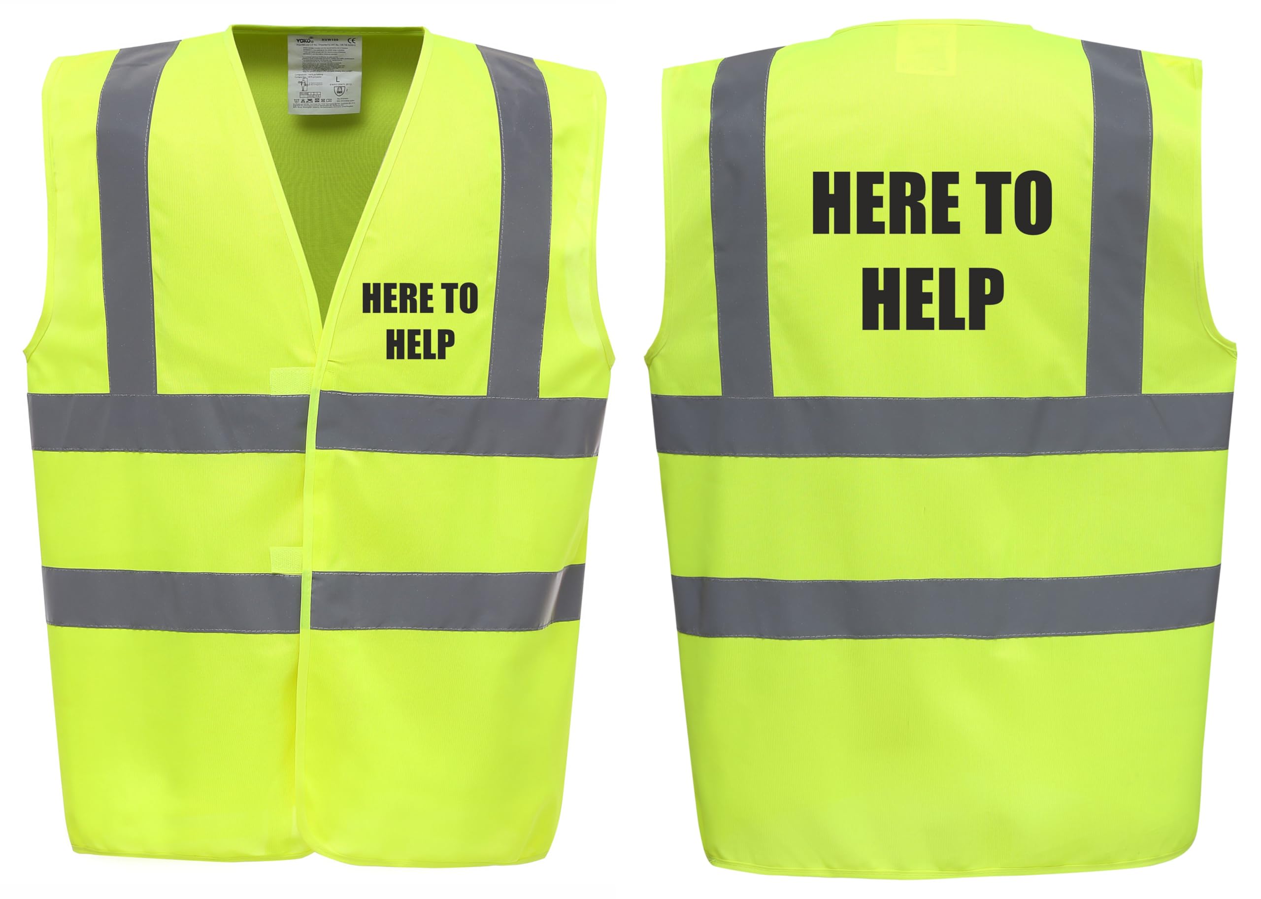 Brook Hi Vis Premium Safety Vest - HERE TO HELP Printed Front & Back, Event Management High Viz Waistcoat, Available in 14 Colours Festivals Events (UK, Alpha, M, Regular, Regular, Yellow)