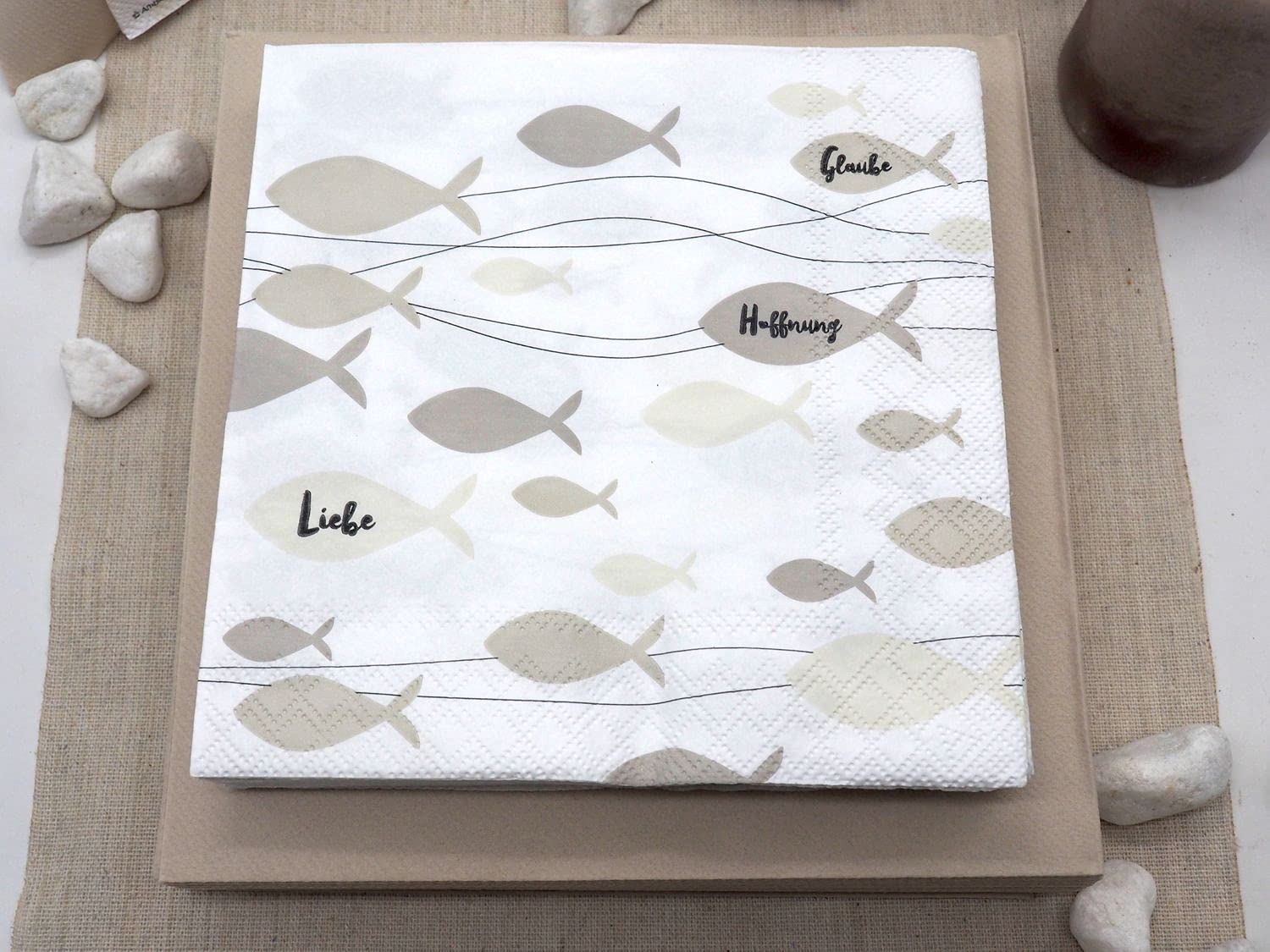 ZauberDeko Tischdeko Kommunion Konfirmation Fisch Glaube Beige Natur Vasen Streudeko Set 20 Personen