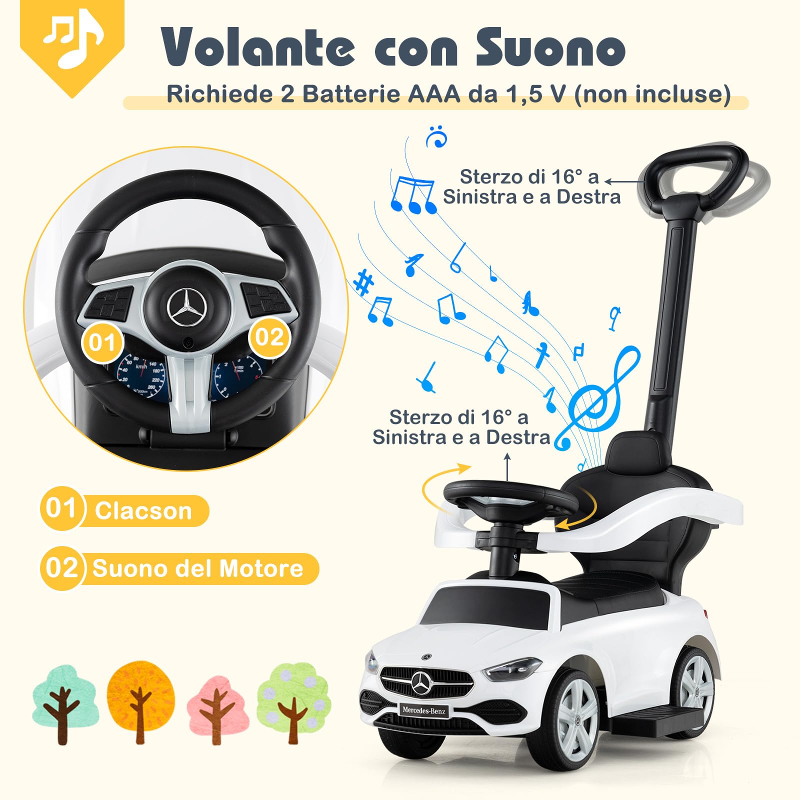 COSTWAY 3 in 1 Auto a Spinta, Mercedes-Benz Macchina Cavalcabile, con Schienale Regolabile Suono Barra di Spinta e Tettuccio, per Bambini 18-36 Mesi (Bianco)