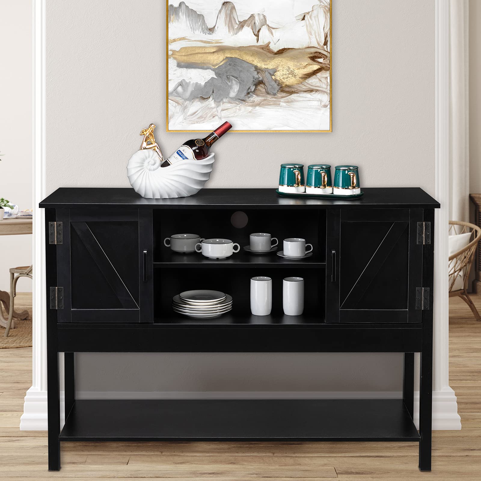VINGLI Black Sideboard Buffet Wood Storage Kitchen