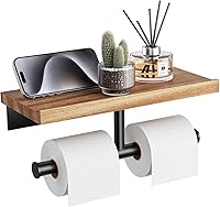 Vista 6 de Tindbea Soporte de papel higiénico con estante de madera, soporte de rollo de papel de seda de montaje en pared, negro mate, accesorios de baño
