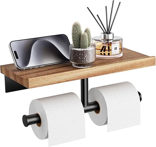 Miniatura 6 de Tindbea Soporte de papel higiénico con estante de madera, soporte de rollo de papel de seda de montaje en pared, negro mate, accesorios de baño